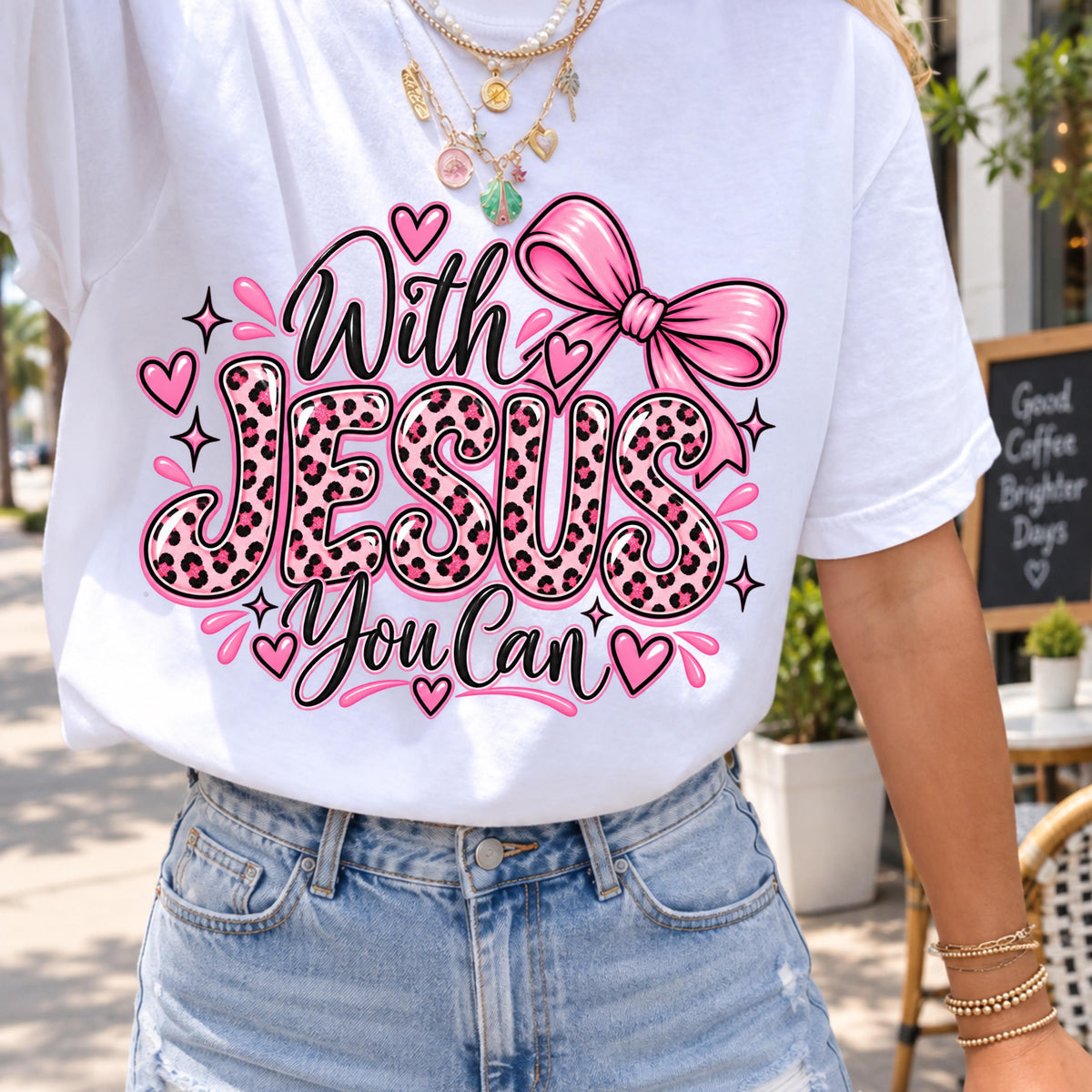 With Jesus You Can PNG pink leopard Christian shirt mockup