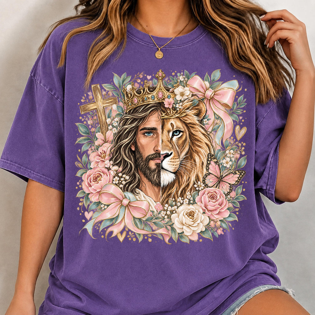 Lion of Judah Christian floral bow PNG on white shirt mockup