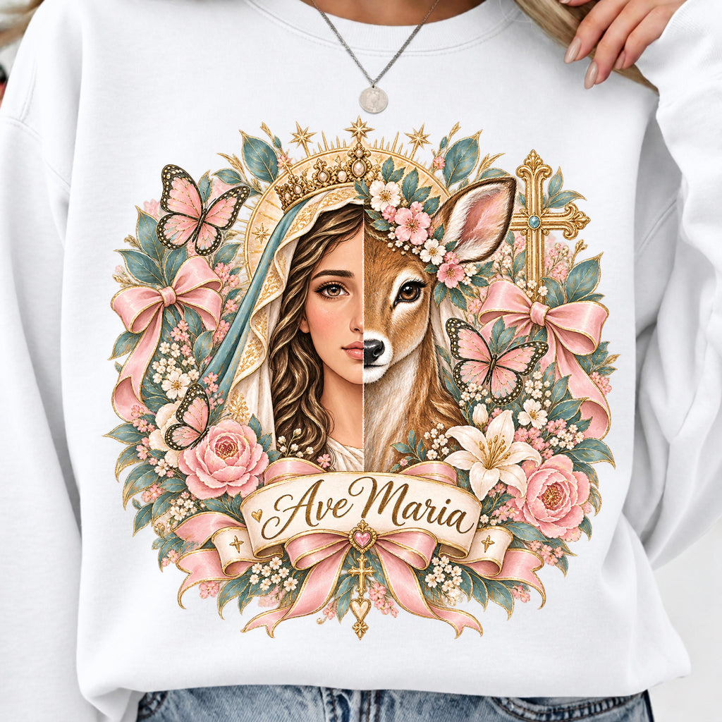 Catholic bow Ave Maria PNG on white shirt mockup
