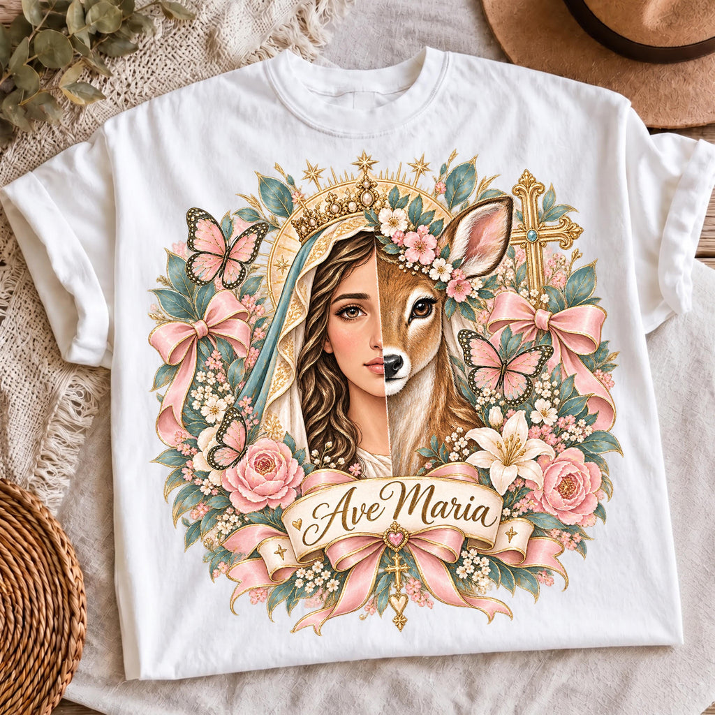 Virgin Mary floral faith sublimation PNG on black shirt mockup
