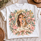 Virgin Mary floral faith sublimation PNG on black shirt mockup