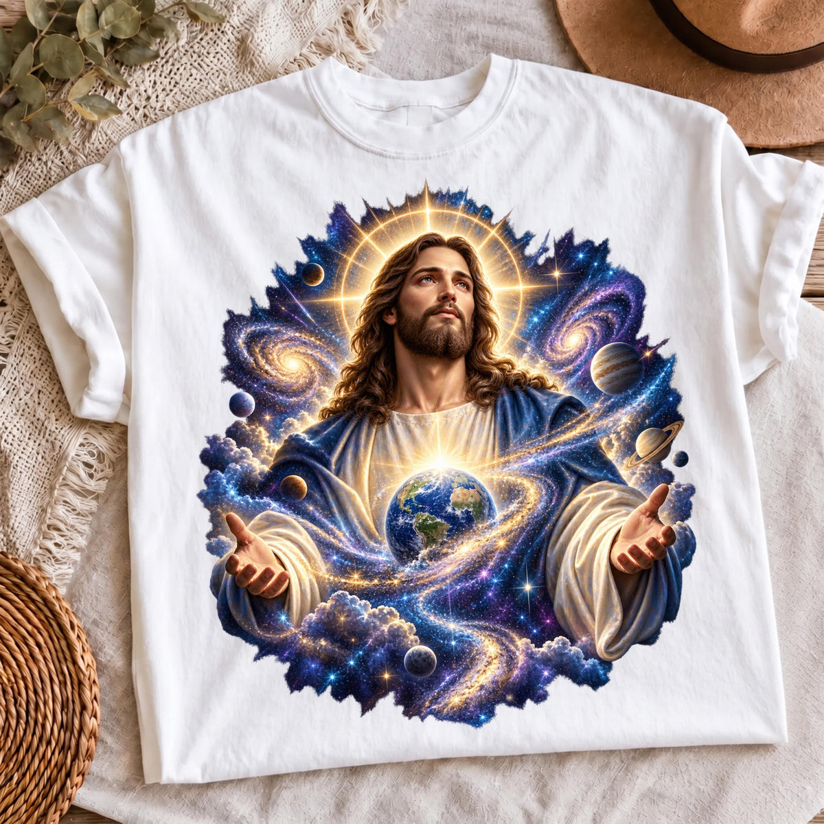 Galaxy Jesus PNG on white t-shirt mockup