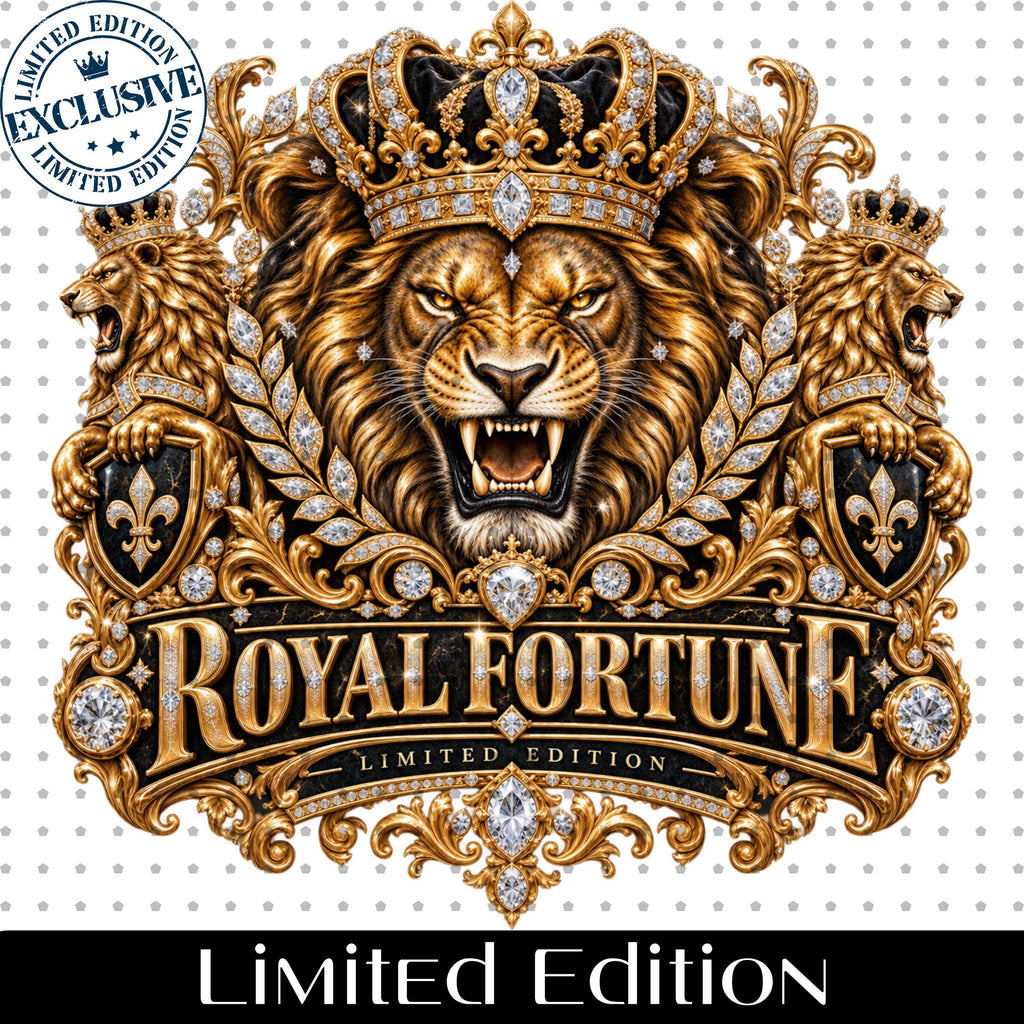 Royal Fortune lion PNG black and gold crowned lion shirt mockup