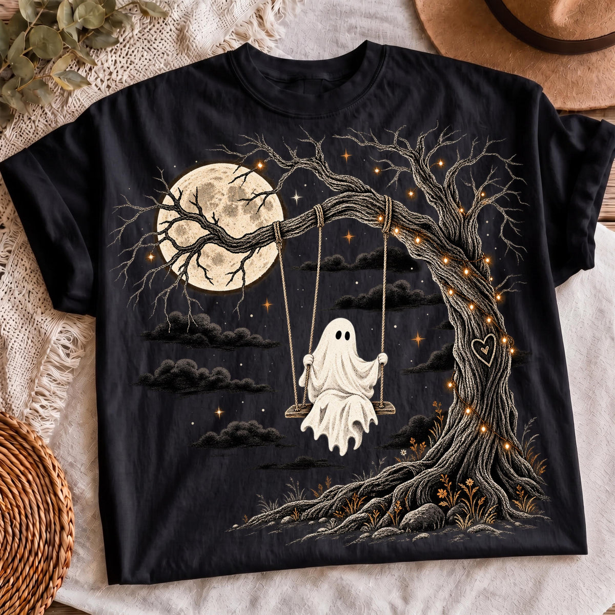 Ghost on swing PNG full moon old tree Halloween shirt mockup