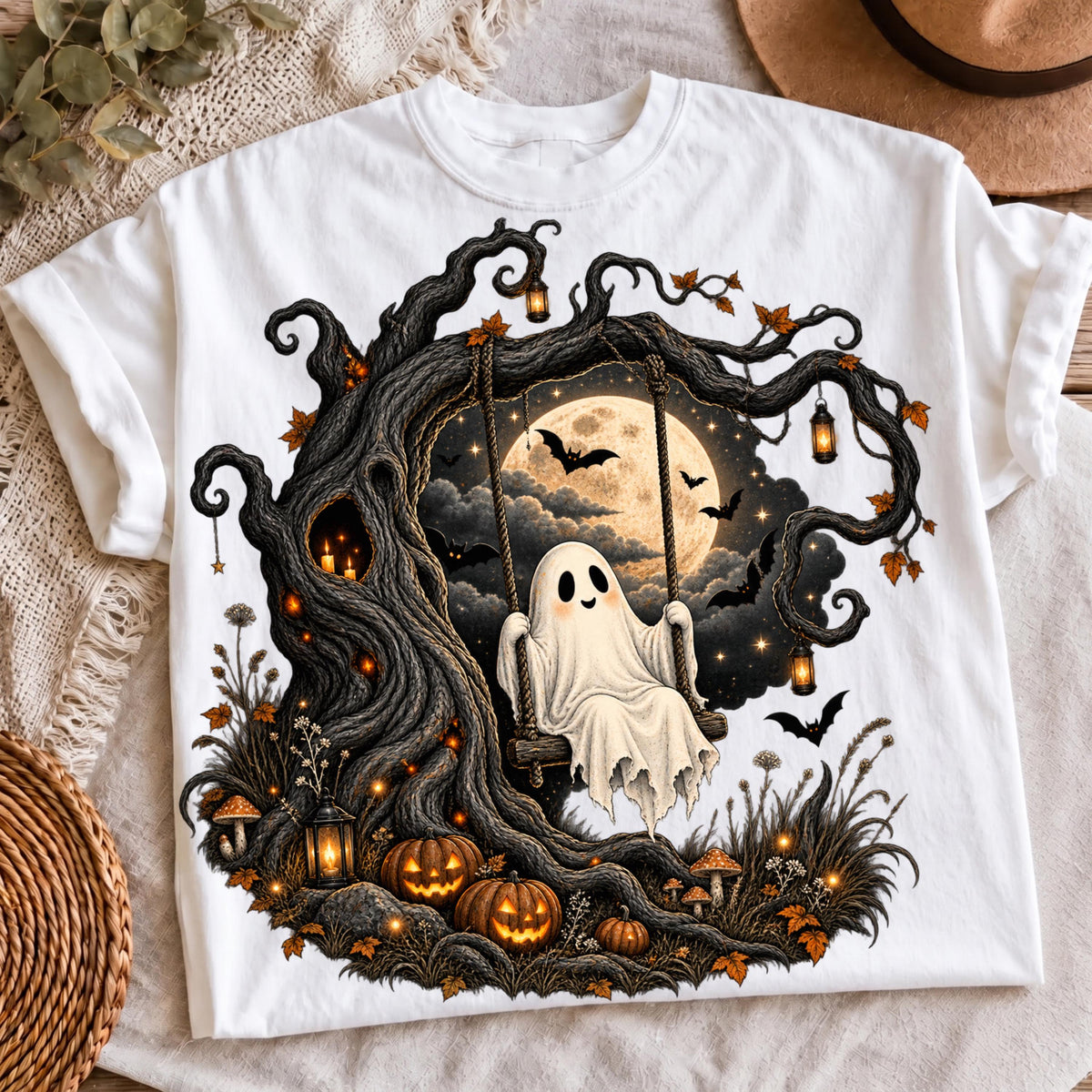 Ghost swing PNG cute ghost spooky tree Halloween shirt mockup