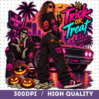 Neon Trick or Treat PNG spooky girl skeleton retro car shirt mockup