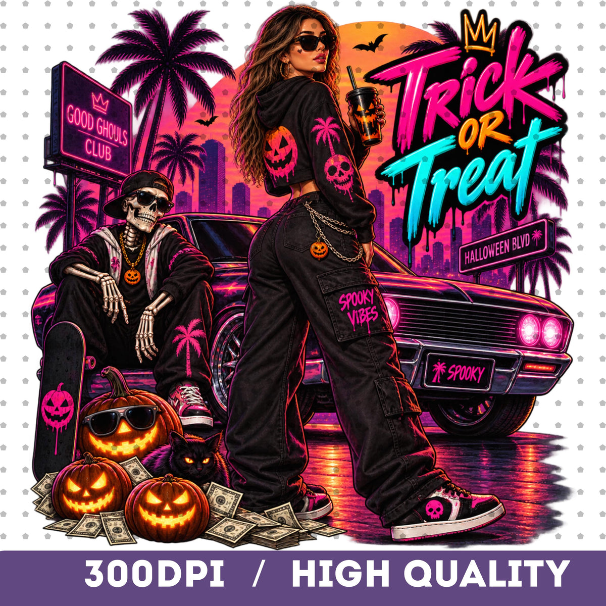 Neon Trick or Treat PNG spooky girl skeleton retro car shirt mockup