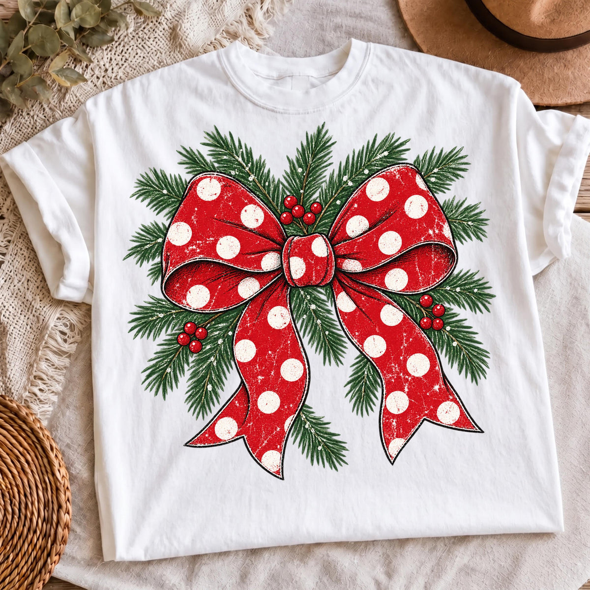 Red polka dot bow evergreen PNG, mockup 2