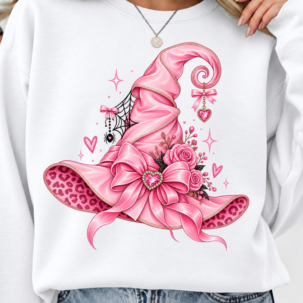 Pink witch hat PNG coquette Halloween bow roses shirt mockup