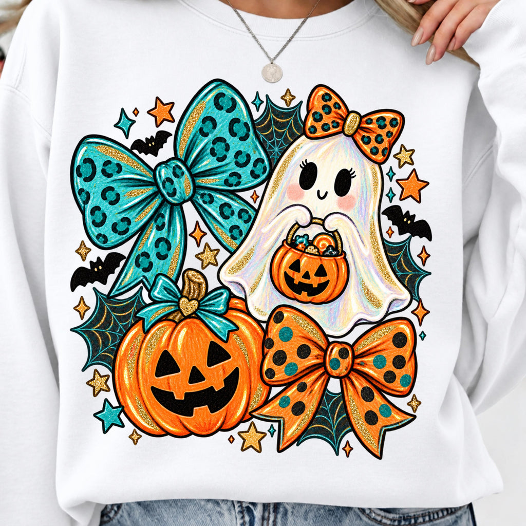Orange teal Halloween ghost PNG cute pumpkin bow shirt mockup
