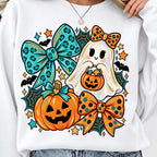 Orange teal Halloween ghost PNG cute pumpkin bow shirt mockup