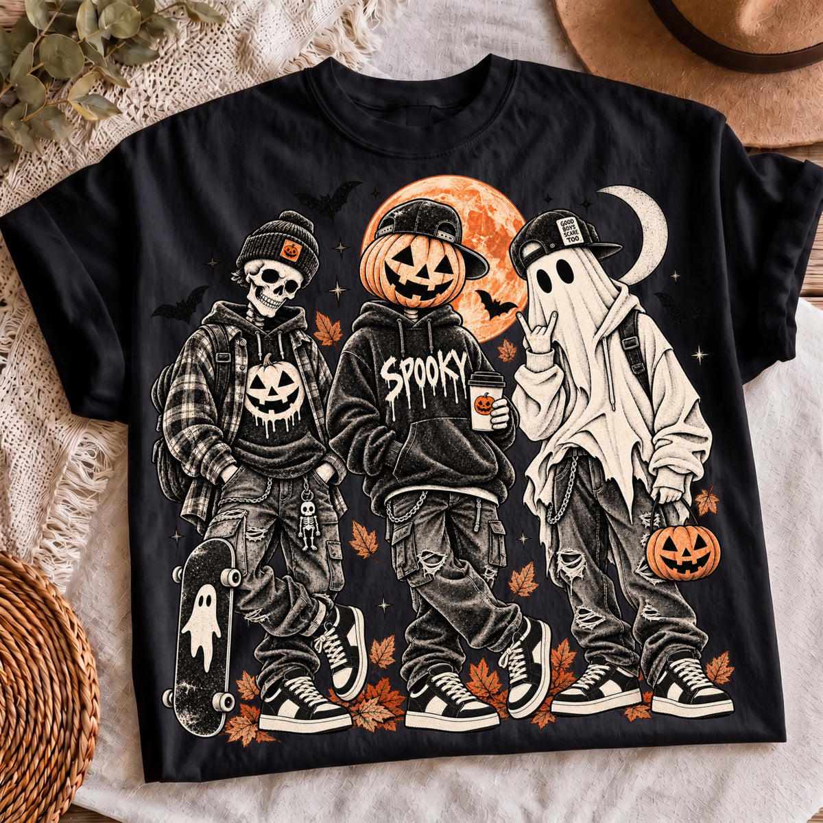 Halloween Boys PNG spooky streetwear skeleton pumpkin ghost shirt mockup