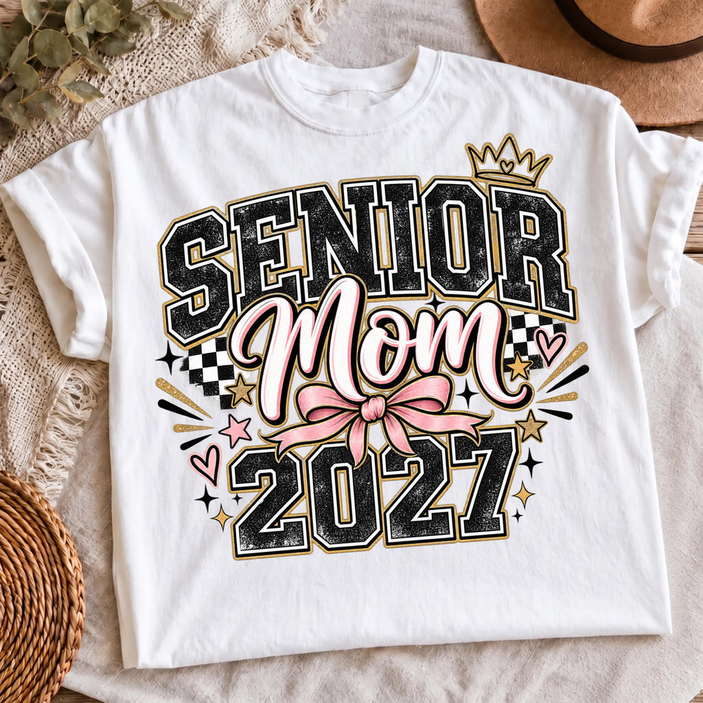 Senior Mom 2027 coquette bow crown PNG on t-shirt mockup