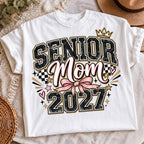 Senior Mom 2027 coquette bow crown PNG on t-shirt mockup
