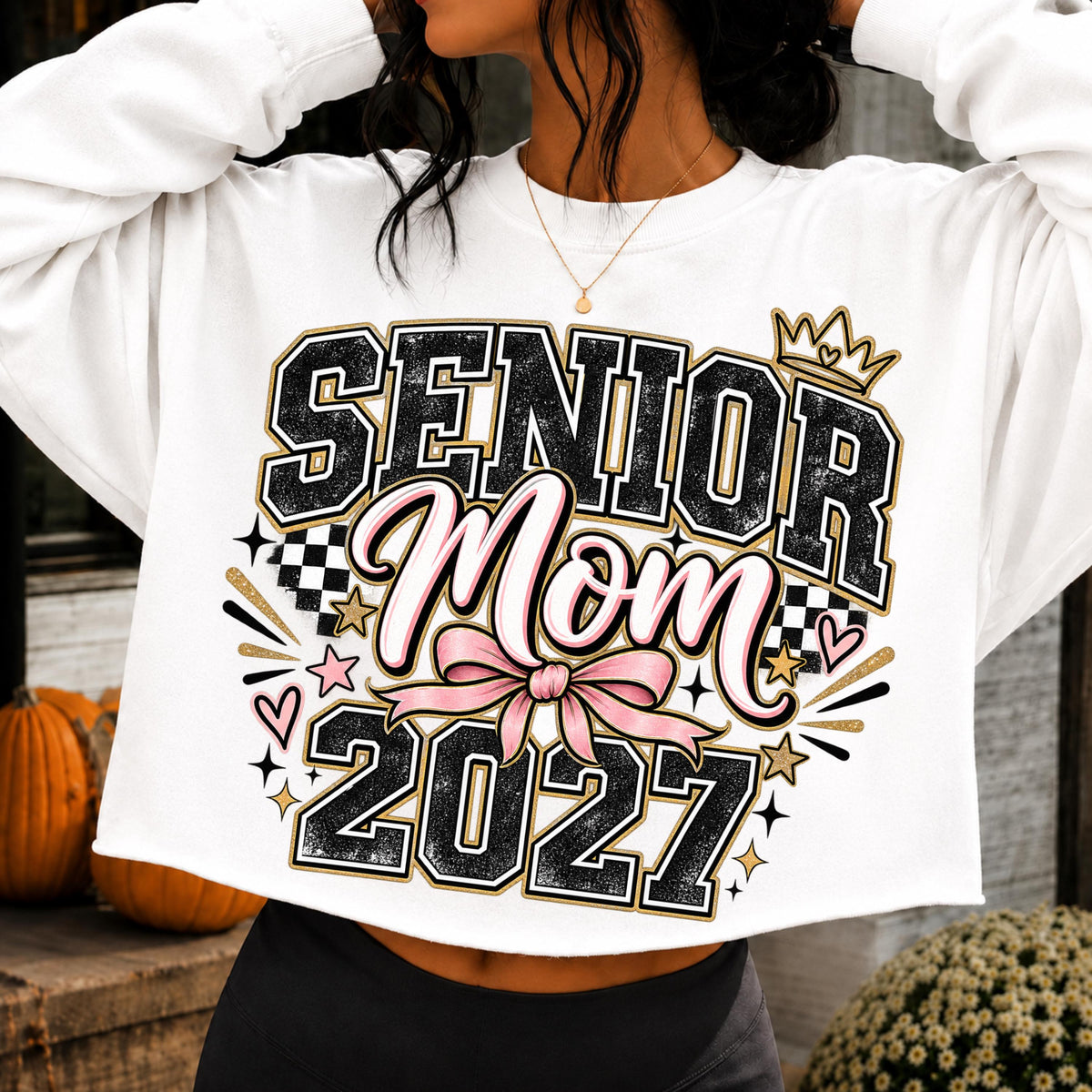 Senior Mom 2027 varsity pink bow PNG design mockup