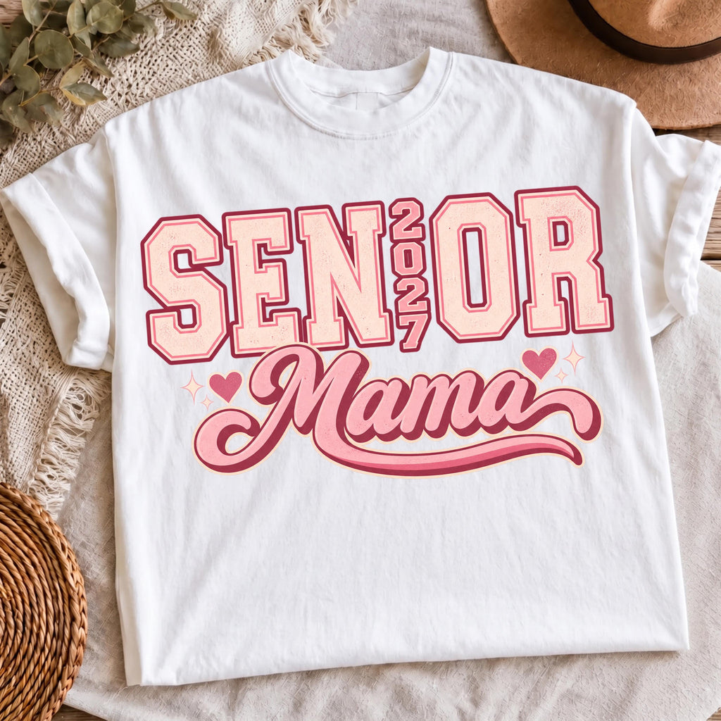 Senior Mom 2027 pink varsity PNG on white sweatshirt mockup