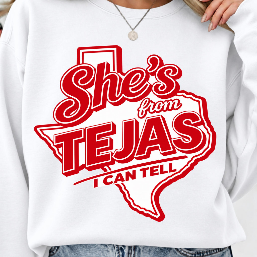 She's From Tejas I Can Tell PNG red Texas shirt design mockup
