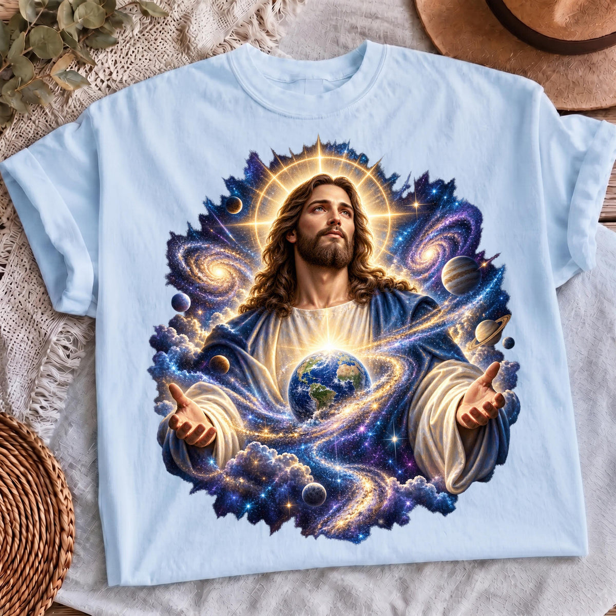 Jesus holding Earth universe faith PNG digital download mockup