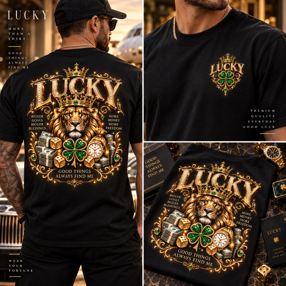 Lucky Lion PNG crowned lion gold clover shirt design mockup