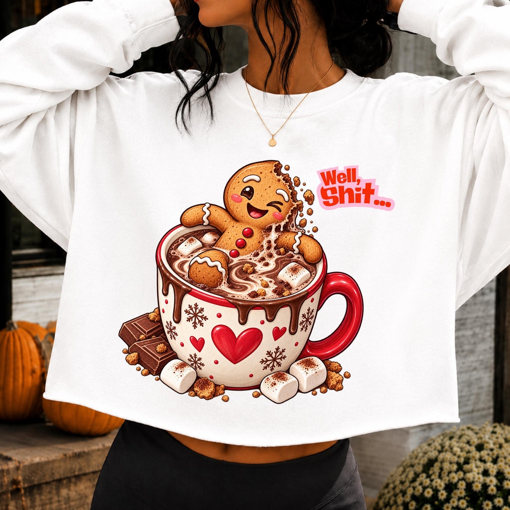 Gingerbread man in hot cocoa mug Christmas PNG on white shirt mockup