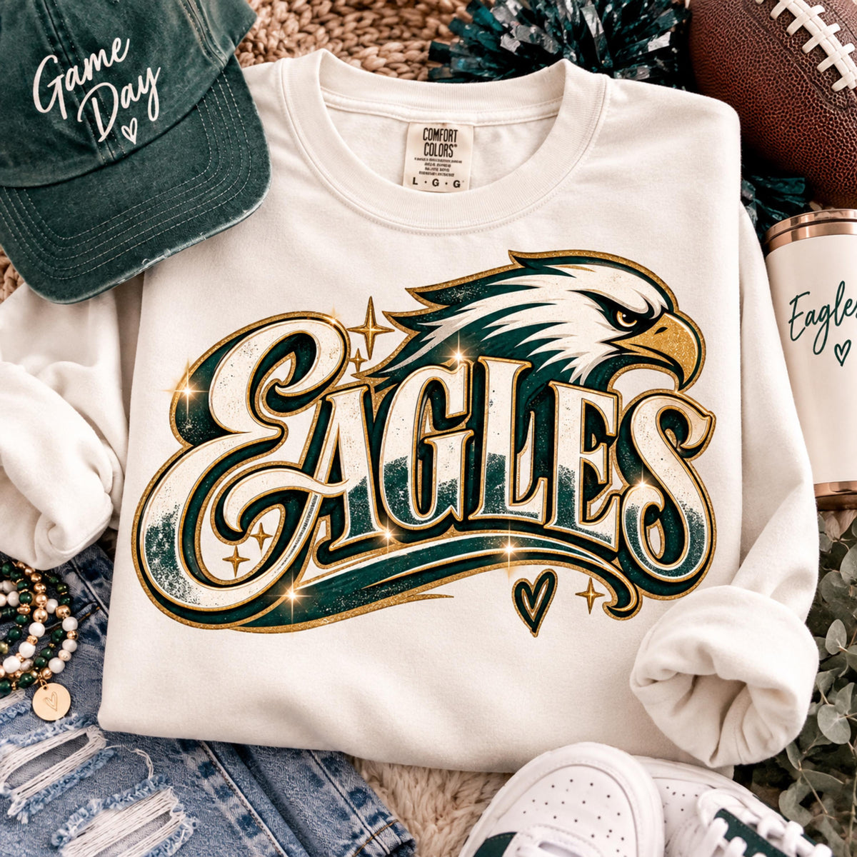 Eagles PNG green and gold game day shirt design mockup on t-shirt