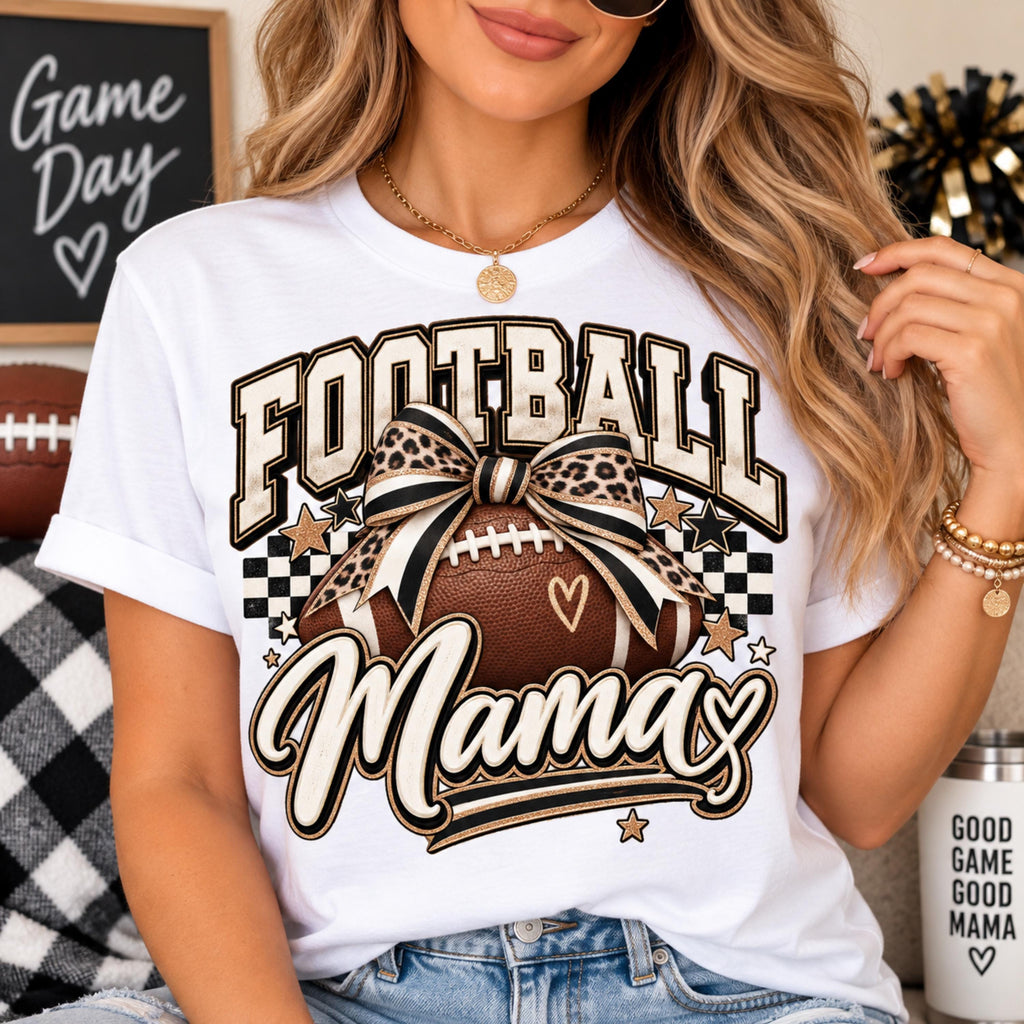 Football Mama PNG leopard bow football mom shirt design mockup