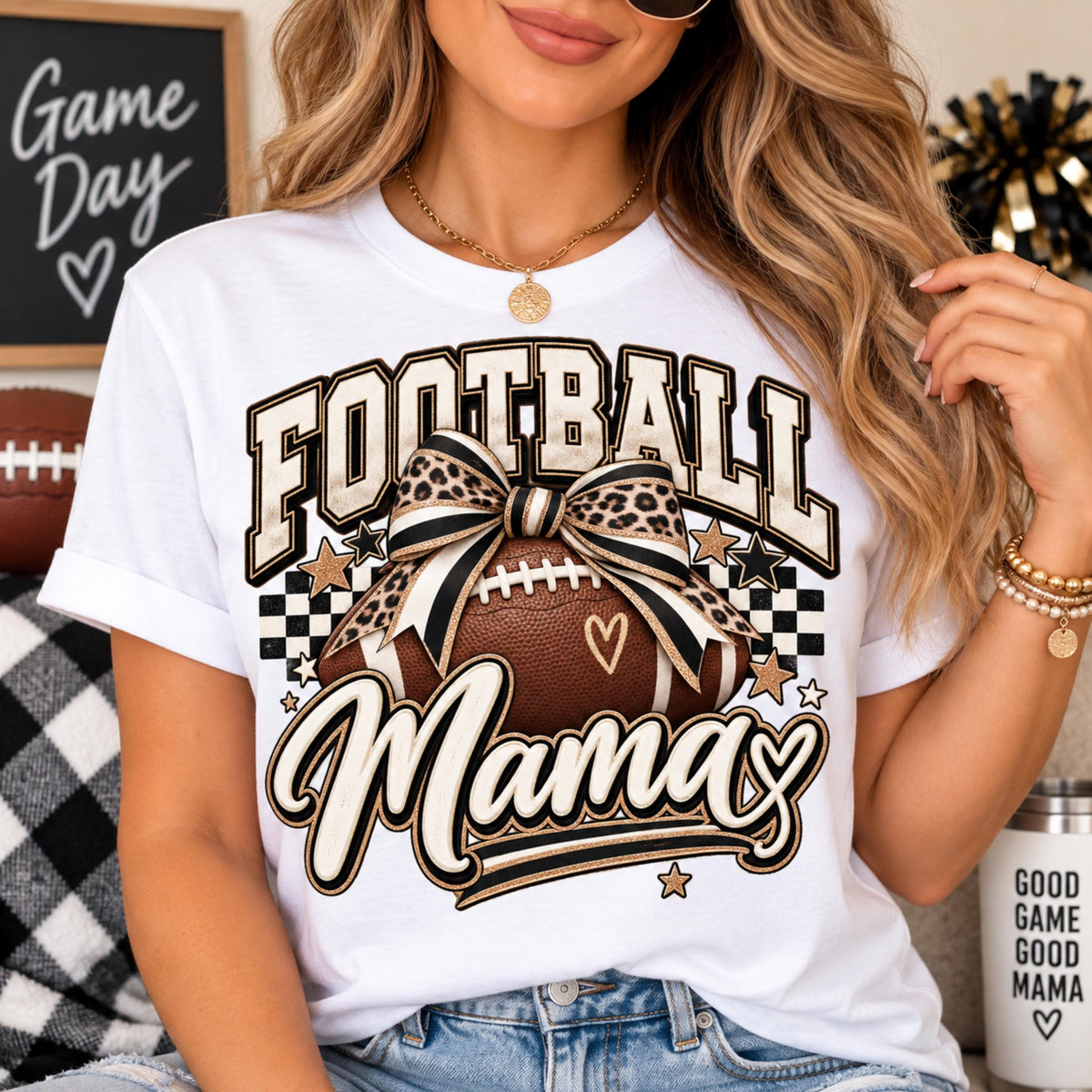 Football Mama PNG leopard bow football mom shirt design mockup