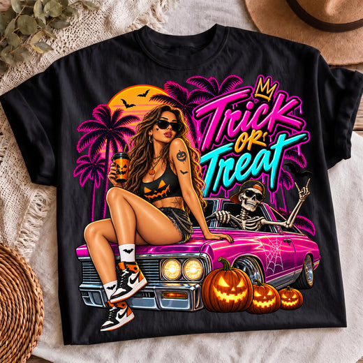Retro horror neon Halloween PNG pink car skeleton shirt mockup