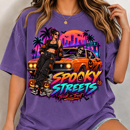 Spooky Streets neon Halloween PNG skeleton car shirt mockup